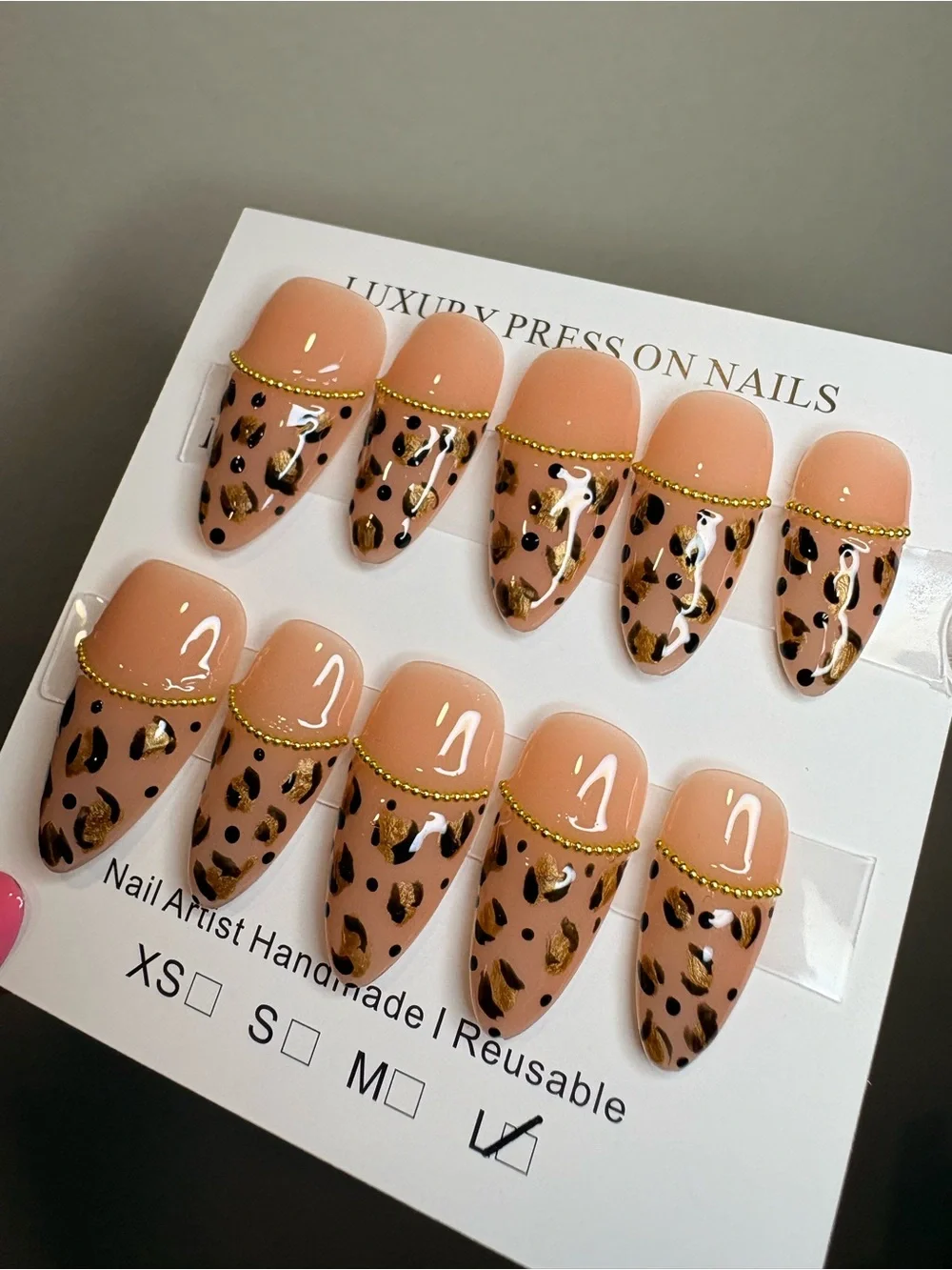 Peach Leopard Press-On Nails with Gold Accent